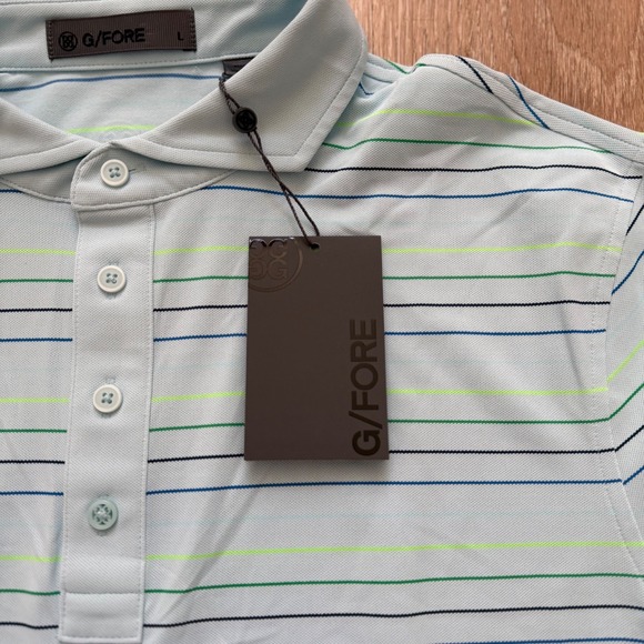 G/FORE Multi Stripe Tech Pique Golf Polo DBRK Blue Black Green Men's Size L NWT - Picture 6 of 8